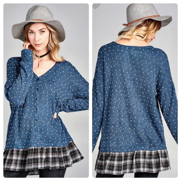 ODDY Tops - Blue tiny dot cardigan with plaid hem 🍁 Fall 2020